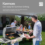 Kenmore 3-Burner Propane BBQ Grill, 30,000 BTUs Gas Grill with Cast Iron Cooking Grates, Folding Side Tables & Wheels, Outdoor Grill with Tool Hooks, Azure Blue + Bonus Cover