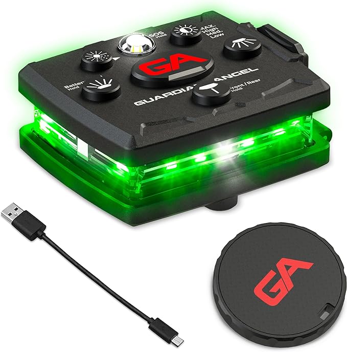 Guardian Angel Micro Series Safety Lights, Beacon Device (Green Front & Green Rear) | Rechargeable, Magnetic & Hands-Free Wearable LED Light for Dog Walking, Cycling, Camping & Kayaking
