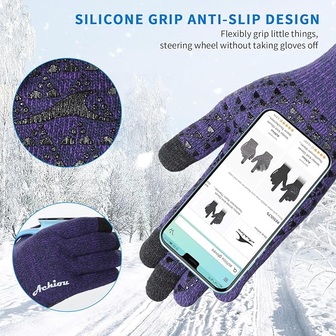 Achiou Winter Gloves, Glove for Men Women, Upgraded Touch Screen Texting Warm Running with Thermal Soft Knit Lining
