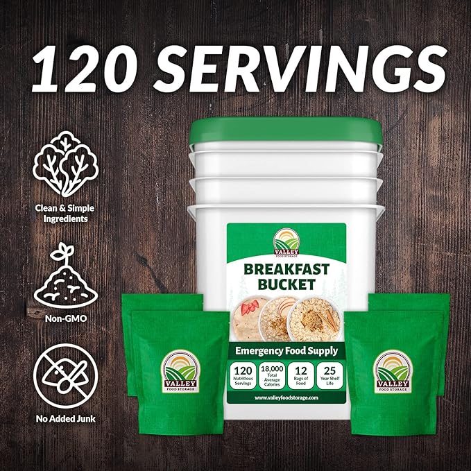 120 Serving Breakfast Bucket | Premium Emergency Food Supply | Easy Prep Survival Food 25 Year Shelf Life | Camping Food, Backpacking Meals, Prepper Supplies | Valley Food Storage Packaged in USA