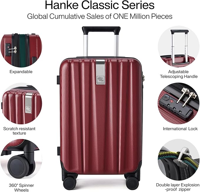 Hanke 20 Inch Expandable Carry on Luggage 22x14x9 Airline Approved Lightweight PC Hard Shell Suitcases with Wheels Tsa Luggage Rolling Suitcase Travel Luggage Bag for Weekender(Burgundy)