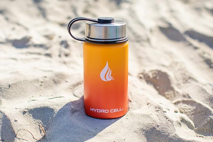 HYDRO CELL Stainless Steel Insulated Water Bottle with Straw - For Cold & Hot Drinks - Metal Vacuum Flask with Screw Cap and Modern Leakproof Sport Thermos for Adults (Red/Orange 14oz)