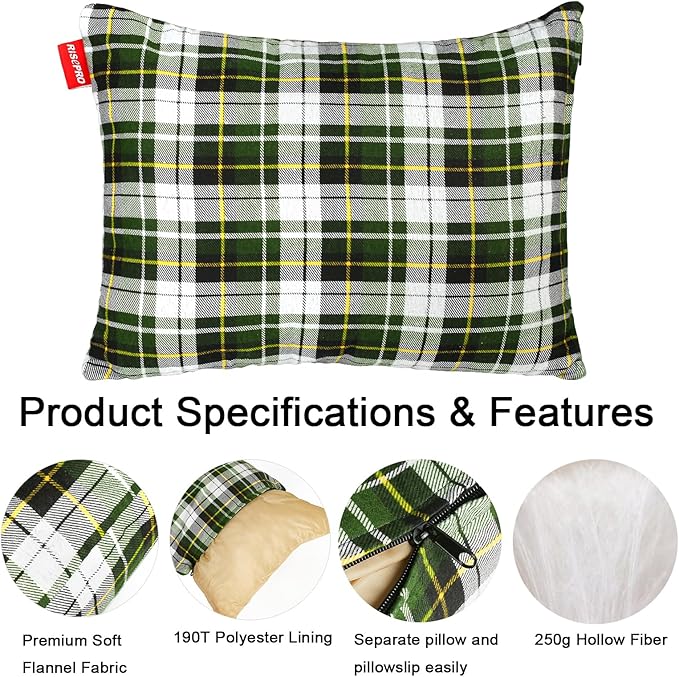 Outdoor Camping Pillow Lightweight, Compressible, Flannel Travel Pillow Cases, Washable Removable Pillow Cover Camping and Backpacking Green