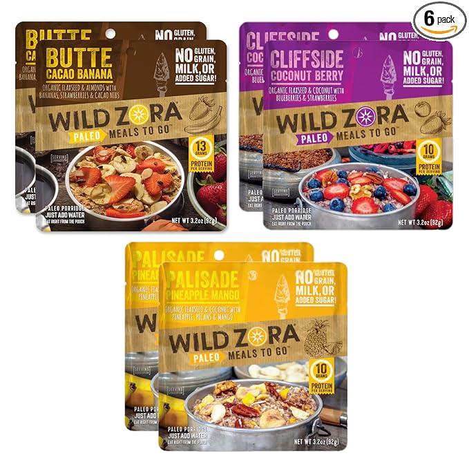 Wild Zora Paleo Freeze Dried Breakfast Meals, 6 Pack, Gluten Free Camping and Backpacking Food, No Added Sugar, Healthy On-the-Go Travel Meal, Coconut Berry, Cacao Banana, and Pineapple Mango Flavors