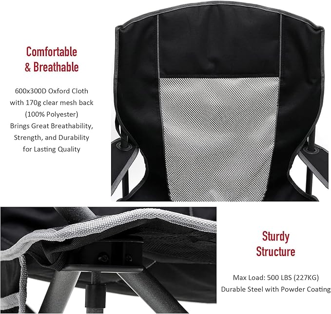 SUNNYFEEL Oversized Folding Camping Chair 2 Pack 500 LBS Heavy Duty Lawn Chairs for Adults Black Portable Folding with Armrest, Cup Holder, Pocket ＆Bag for Outdoor Camping/Beach/Travel/Picnic/Fishing