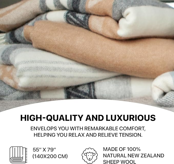 Cozy Wool Blanket | 100% Virgin Wool from New Zealand | Perfect Throw/Sofa Blanket with Fringes in Stripes Design (140 x 200 cm)