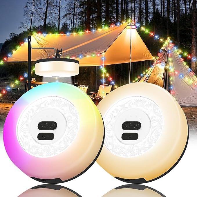 2Pack Camping String Lights, 4 in 1 Quick Storage Camping Essentials Gear 32.8FT Rechargeable Tent Lights with 9 Modes Warm +RGB Waterproof Camp Lamp for Hiking Patio Garden Festival Outdoor Decor