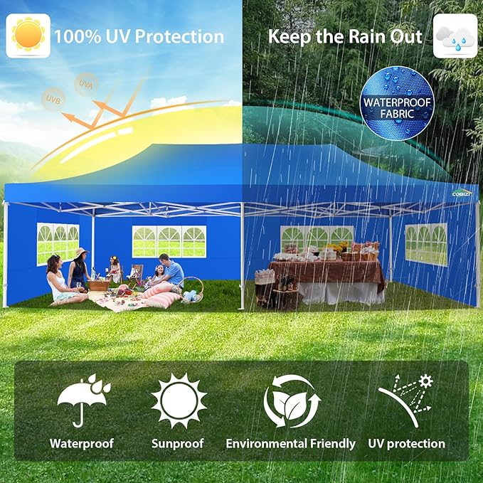 COBIZI 13x26 Pop up Canopy Tent 13x26 Canopy with 6 Sidewalls Waterproof Heavy Duty Commercial Canopy Tent for Parties Outdoor Tent Garden Gazebo Tent, Carry Bag with Wheel(13x26ft, Blue)