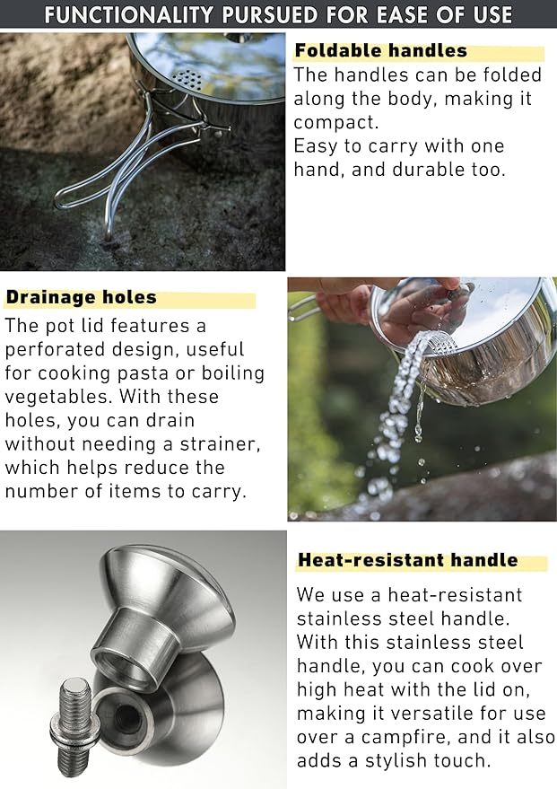 CAMPINGMOON 2 Quart Camping Saucepan 3-ply Stainless Steel Cooking Pot w/Lid Foldable Handle Compact Storage Portable IH Compatible CC-18