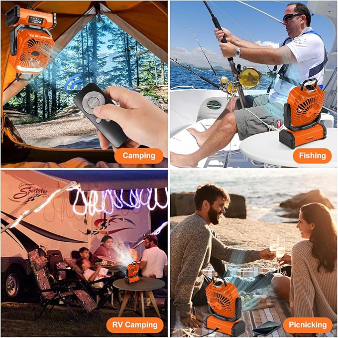 Odoland Portable Misting Fan with Light, 30000mAh Rechargeable Battery Camping Fan with 2 Spray Mister, Outdoors Tent Ventilador with Remote and Hook for Indoor Cooling Hiking Patio, Orange