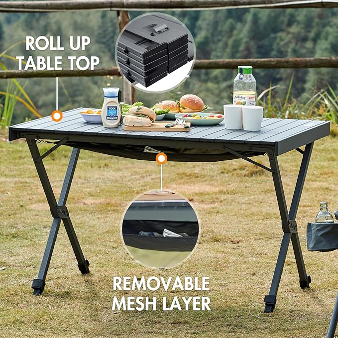 PORTAL Folding Outdoor Camping Table with Adjustable Height, Aluminum Roll-Up Top and Carry Bag, Big Large Portable Tables for Picnic, BBQ and Tailgating, Dark Gray