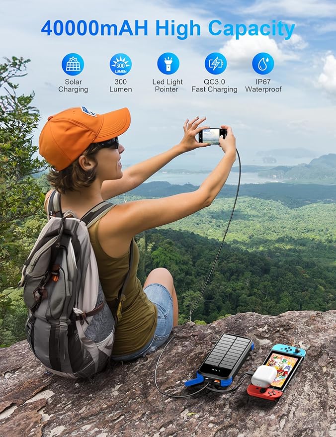 Solar Charger Power Bank, 40000mAh Portable Charger PD 20W Fast Charging Solar Power Bank Built in 4 Cables and USB-C in/Output, Camping Essentials External Battery Pack with Flashlights