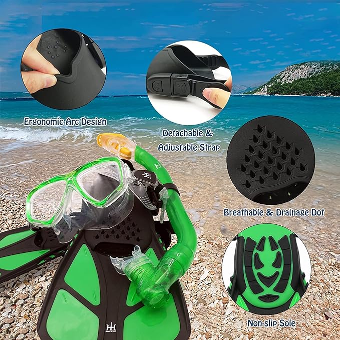 Kids Mask Fins Snorkel Set Snorkeling Packages, with Diving Mask, Snorkel, Adjustable Swim Fins, Mesh Bag, Anti-Fog Anti-Leak Snorkeling Gear for Kids for Snorkeling Swimming Diving