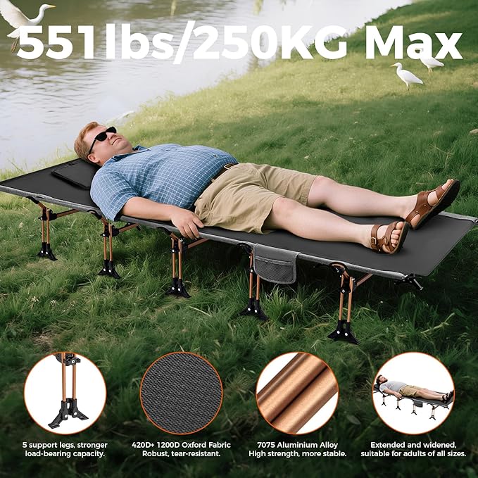KingCamp Oversized XXL Camping Cot, Folding Portable Lightweight Ultralight Large Wide Heavy Duty 551lbs Sleeping Bed for Adult Backpacking Outdoor Travel Hiking Tent, Black