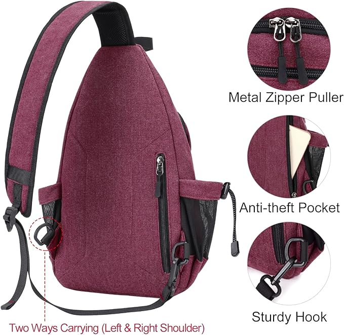 MOSISO Sling Backpack,Canvas Crossbody Hiking Daypack Bag with Anti-theft Pocket, Wine Red