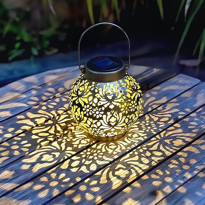 Outdoor Solar Hanging Lantern Lights Metal LED Decorative Lamp for Garden Patio Courtyard Lawn and Table with Hollowed-Out Design (Antique Bronze)