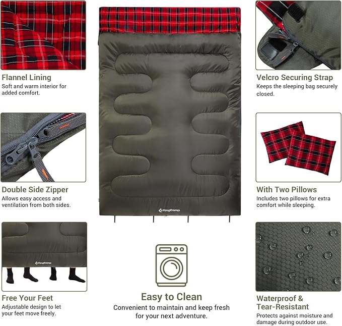 KingCamp Double Sleeping Bag for Adults, Queen Size 2 Person XXL Flannel Sleeping Bag, Waterproof Lightweight Flannel Quilt with 2 Pillows, Perfect for Couples Family Camping Hiking