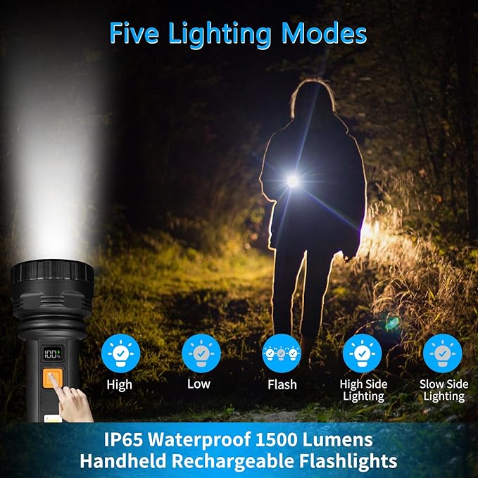 Solar Flashlights, 1500 Lumens Led Solar Powered Flashlights with Digital Display 2000mAh Battery Rechargeable Handheld Flashlights IP65 Waterproof Flashlights for Survival Emergencies, 4 Pack