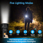 Solar Flashlights, 1500 Lumens Led Solar Powered Flashlights with Digital Display 2000mAh Battery Rechargeable Handheld Flashlights IP65 Waterproof Flashlights for Survival Emergencies, 2 Pack