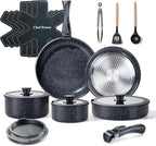 Chef Power Ceramic Nonstick Cookware Set 19 Piece with Detachable Handle, Induction Dishwasher Oven Safe Pans and Pots Set, RV Kitchen Set Removable Handle, Rock Stone Black