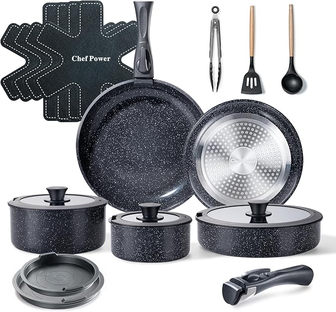 Chef Power Ceramic Nonstick Cookware Set 19 Piece with Detachable Handle, Induction Dishwasher Oven Safe Pans and Pots Set, RV Kitchen Set Removable Handle, Rock Stone Black