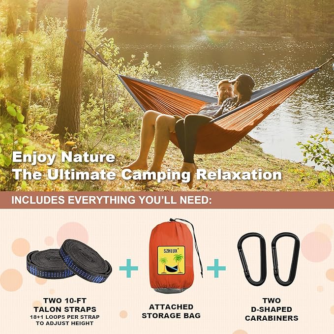 SZHLUX Camping Hammock Double & Single Portable Hammocks with 2 Tree Straps, Great for Hiking,Backpacking,Hunting,Outdoor,Beach,Camping,Orange / Grey