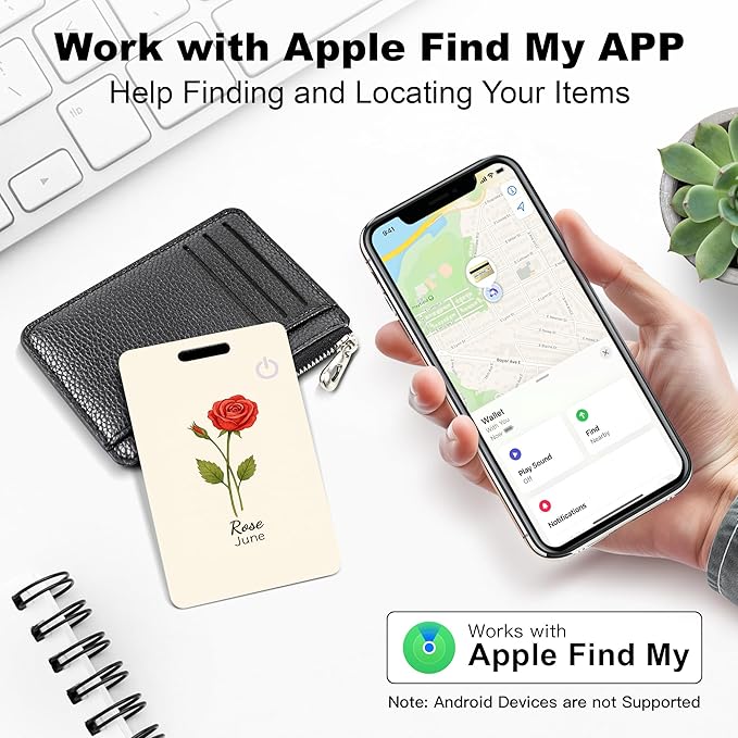 Wallet Tracker Card (iOS Only), Rechargeable Bluetooth Smart Tracking for Apple Find My Compatible Anti Tracker for Men Women Slim Item Locator for Purse Passport Key Luggage Tag (1Pcs/JUN FLR)