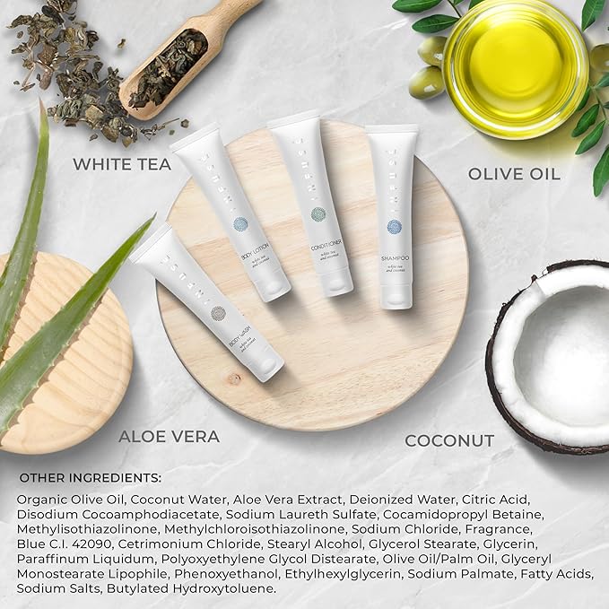 Infuse White Tea & Coconut Hotel Toiletries Bulk Set | 1-Shoppe Amenities Kit | 1oz Shampoo & Conditioner, Body Wash, Lotion | Travel Size | 80 Pieces