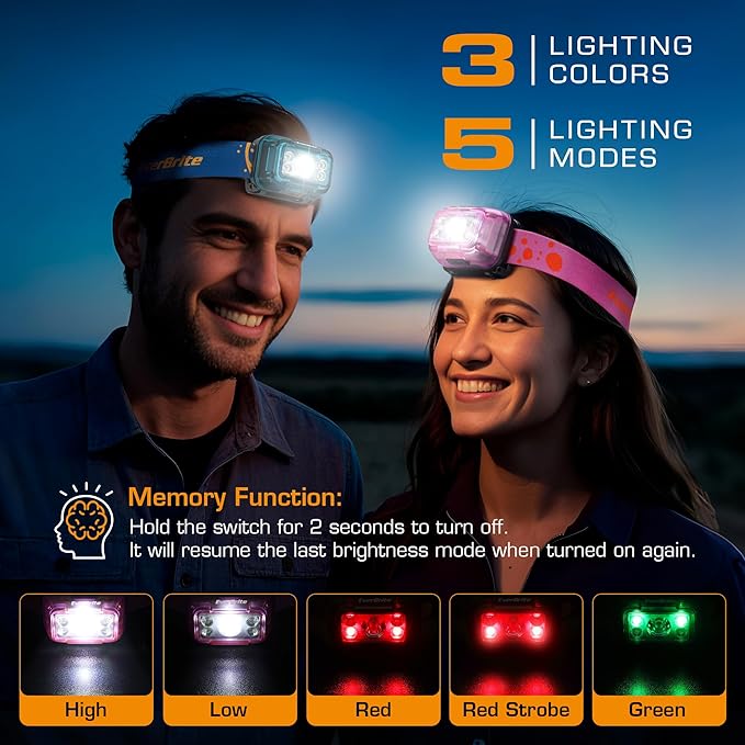 EverBrite Rechargeable Headlamp, 2 Pack Kids Headlamp with White/Red/Green Light and Memory Function, Head Lamp for Adult and Kid with 5 Modes, 120° Adjustable LED Headlamp for Camping, Running-Pink