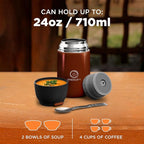 ENERGIFY Vacuum Insulated Food Jar. Large 24oz Bowl incl. Folding Spoon, Cup. Wide Mouth Keep Hot & Cold Drinks Soup Lunch Container for Adults. BPA-Free Stainless Steel, Leak Proof Red Mahogany