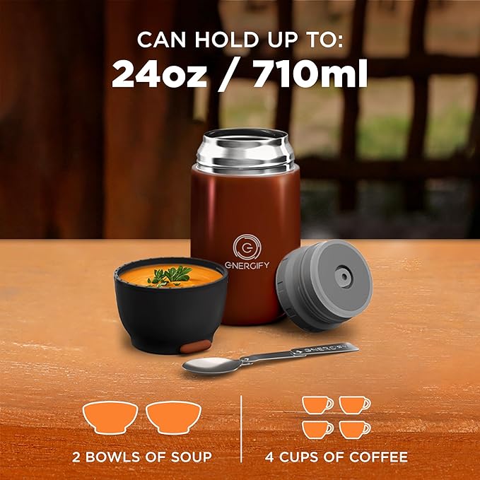 ENERGIFY Vacuum Insulated Food Jar. Large 24oz Bowl incl. Folding Spoon, Cup. Wide Mouth Keep Hot & Cold Drinks Soup Lunch Container for Adults. BPA-Free Stainless Steel, Leak Proof Red Mahogany