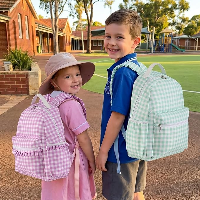 DYSHAYEN Gingham Kids Backpack,15 Inch School Backpack for Girls Boys,Kindergarten Large Bookbag Age 5-8 for Birthday Gifts School Overnight (Purple)