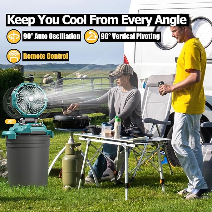PANERGY Portable Misting Fan for Outdoors-30000mAh Rechargeable Battery, 4-Speed Fan,4 Spray Modes,10-13 Inch Bucket Compatible,Auto Oscillation&Adjustable Tilt,Remote Control for Camping/Beach/Patio