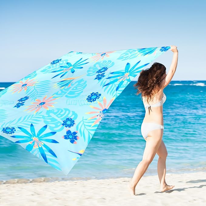 Beach Blanket Waterproof Sandproof, 9 Ft X 10 Ft Extra Large Sand Free Beach Mat, Big Compact Lightweight Quick Drying Picnic Blanket with 4 Stakes & Pockets for Camping, Travel, Hiking