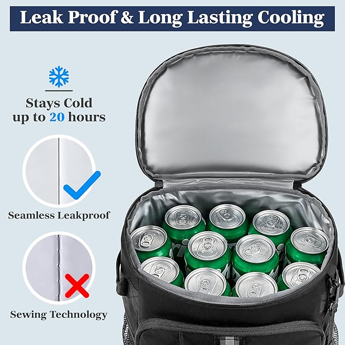 SUN CUBE Cooler Backpack 33 Can, Leakproof Insulated Backpack Cooler for Men Women, Camping Cooler Backpack for Beach Travel Hiking, Waterproof Lunch Backpack, Black