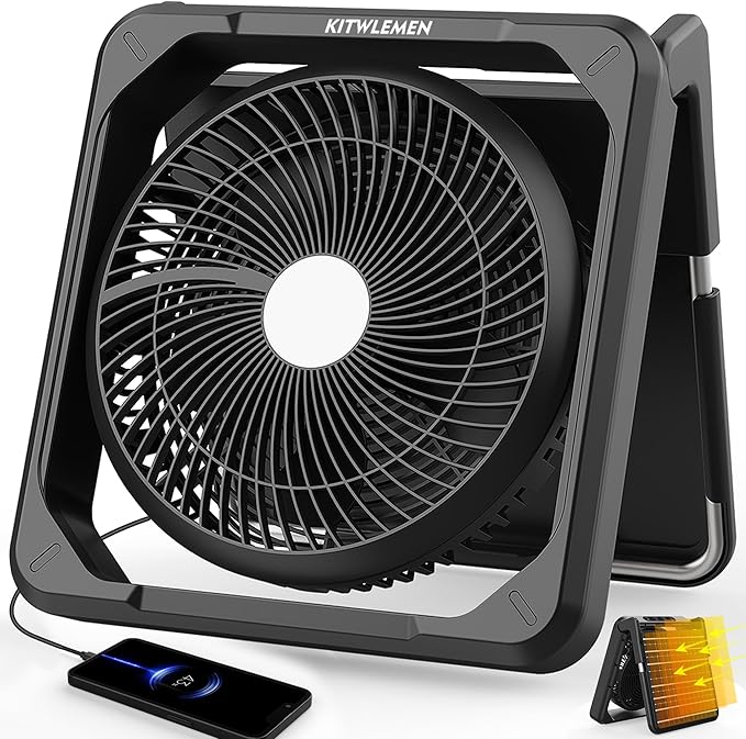 11.5 Inch Upgraded Solar Camping Fan with Light- Rechargeable Battery Fan, 10W Detachable Solar Panel, 3 Speed, 6H Timer,60° Pivot Strong Airflow for Camping Fishing RV Trips Hurricane Power Outage