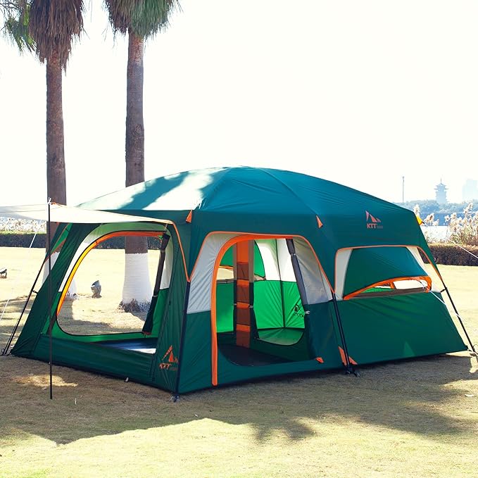 KTT Large Family Cabin Tent 10-12 Person,14.1X10X6.58ft,2 Rooms,3 Storage Pockets,2 Bay-Windows 3 Doors and 3 Windows with Mesh,Straight Wall,Waterproof,Double Layer,Big Tent for Outdoor,Camping