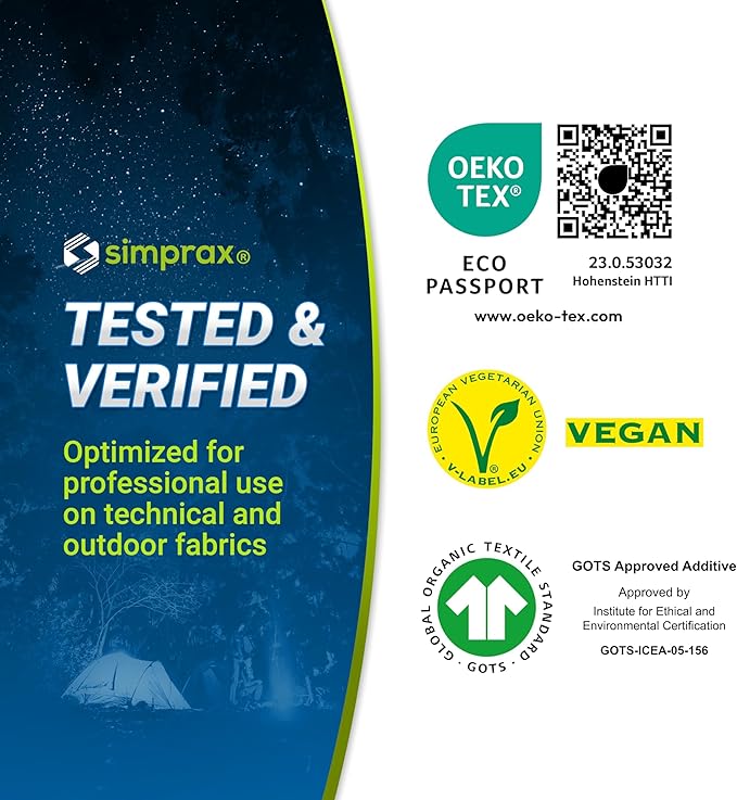 simprax® Tent Waterproofing Spray - Certified Eco-Friendly, UV-Stable & Biodegradable Waterproof Spray | Made in Germany | Waterproofing Spray Enhances Water-Repellency for Tent & Technical Textiles