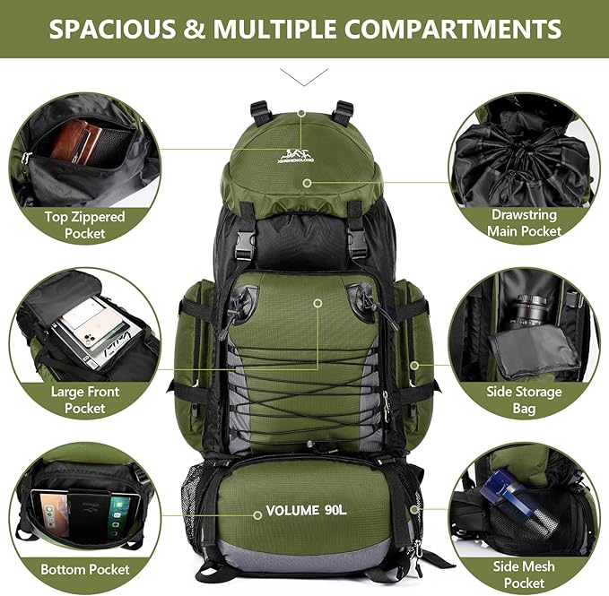 90L Hiking Backpack, Camping Travel Backpack with Rain Cover Lightweight Travel Daypack for Climbing Camping Touring (Green)