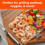 Stainless Steel Large Grill Basket with Removable Handle – 12.25 x 9.5 x 1.5 Inch BBQ Vegetable Basket with Easy Open Lid, Silicone Basting Brush & Scrub Sponge – Outdoor Cooking & Camping Accessory