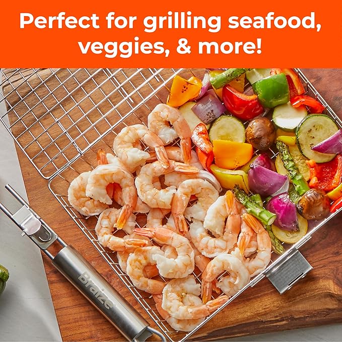 Stainless Steel Large Grill Basket with Removable Handle – 12.25 x 9.5 x 1.5 Inch BBQ Vegetable Basket with Easy Open Lid, Silicone Basting Brush & Scrub Sponge – Outdoor Cooking & Camping Accessory