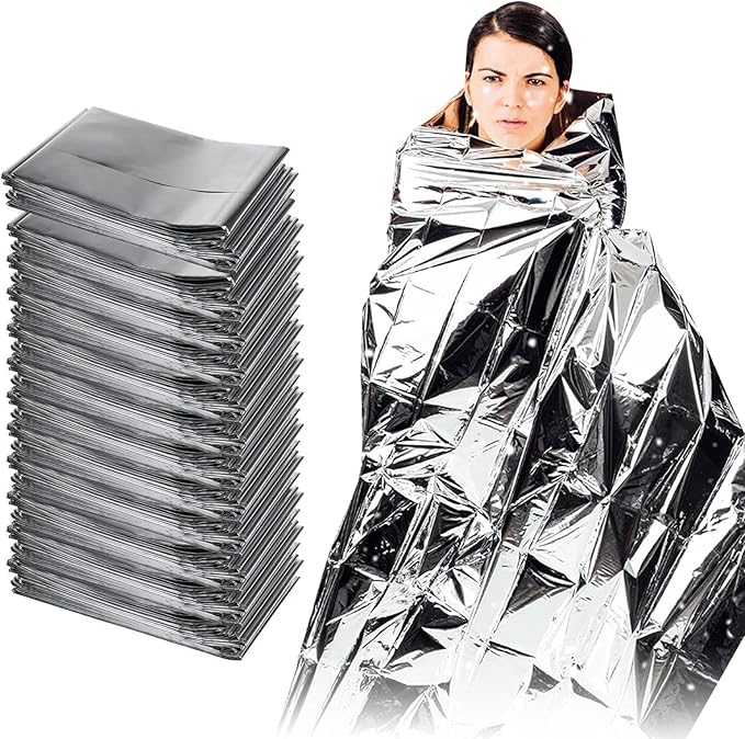 SearQing Emergency Mylar Thermal Blankets Space Blanket(50 Pack)-Camping Blanket Designed for Outdoors, Hiking, Survival, Marathons, Retain Body Heat(Silver Color)