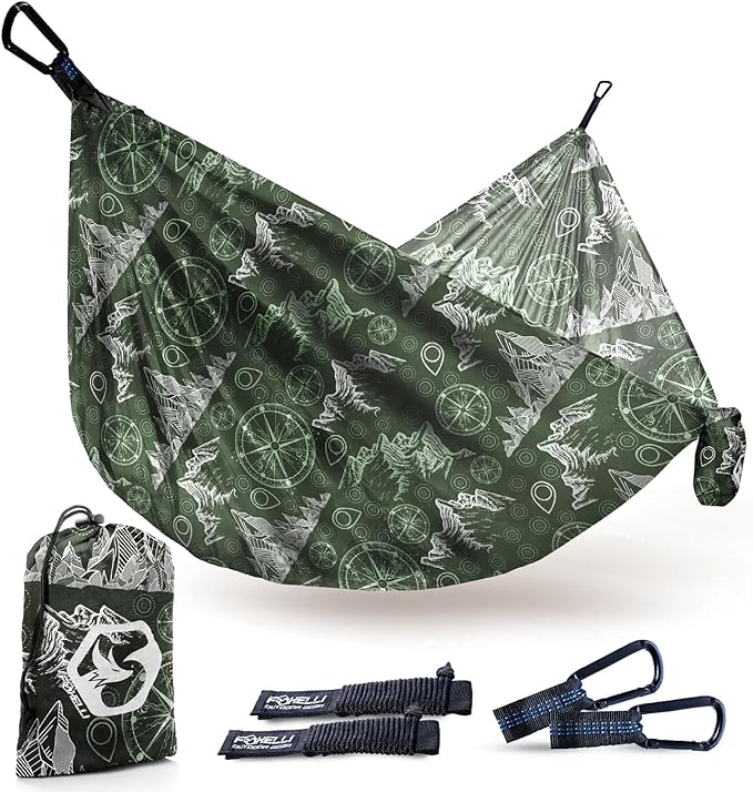 Foxelli Camping Hammock - Lightweight Portable Hammock, Easy Setup with Tree-Friendly Ropes & Steel Carabiners, Heavy Duty Parachute Nylon for Indoors and Outdoors