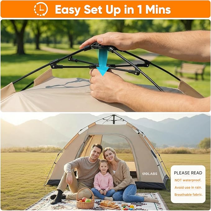Golabs Pop Up Camping Tent for 2/3/4 Person, 1-Min Setup by Pre-Attached Pole, 4 Side Mesh& Door for View/Airflow, CT2 Instant Canopy Tent with PU1500mm Waterproof, for Outdoor/Camping/Music Festivals