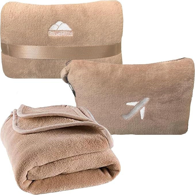 BlueHills Travel Blanket Pillow in Mini Soft Case Premium Plush Airplane Blanket Compact Luggage Belt and Backpack Clip Warm Plane Pillows Traveling Gifts Packable - Beige M06