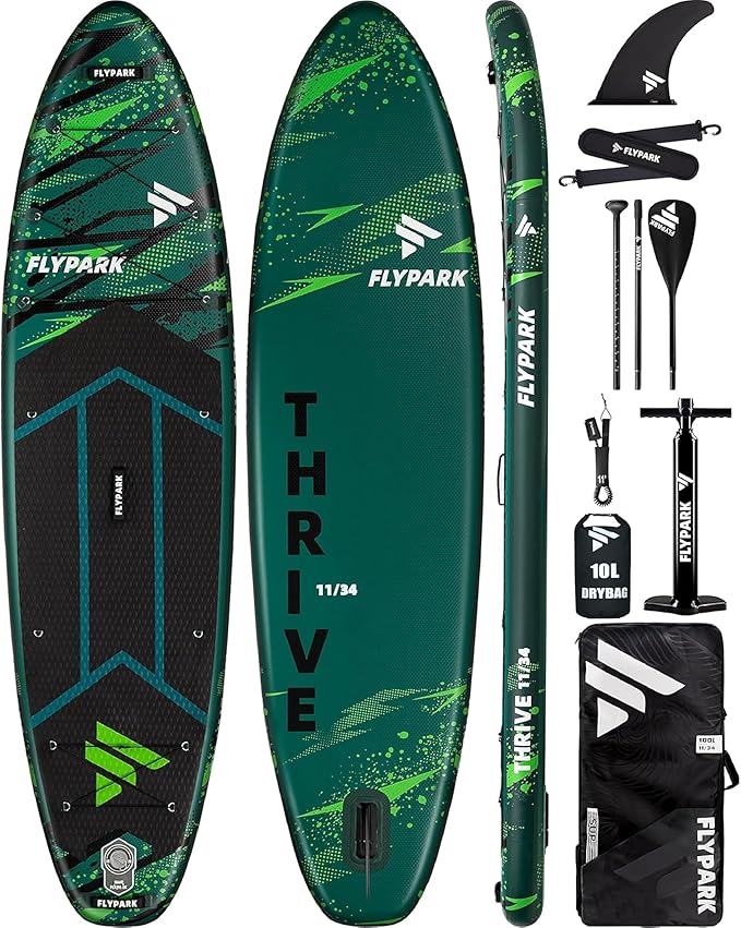 Flypark 11'x34 Inflatable Paddle Boards, Extra Wide SUP for 420lbs/3Adults, Yoga Stand Up Paddle Board, 110L Backpack, 15 D-Rings, Shoulder Strap, US-Fin, 2-Action Pump