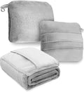 DEZ FURNISHINGS 4-in-1 Travel Compact Blanket Pillow Super Soft Velvet with Luggage Sleeve and Backpack Clip, Gray, 60" W x 45" H