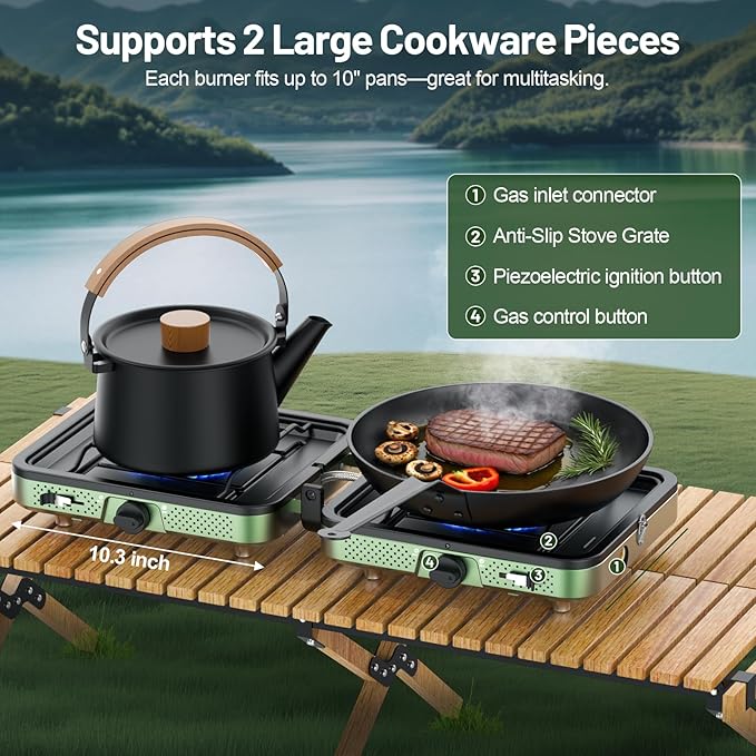 Portable Gas stove, 2 Burner Camping Stove with Griddle and Carrying Bag & Hose, 8600BTU Portable Gas Stove with Piezo Ignition & Adjustable Burners,for Camping Tailgating BBQ Essentials Gear