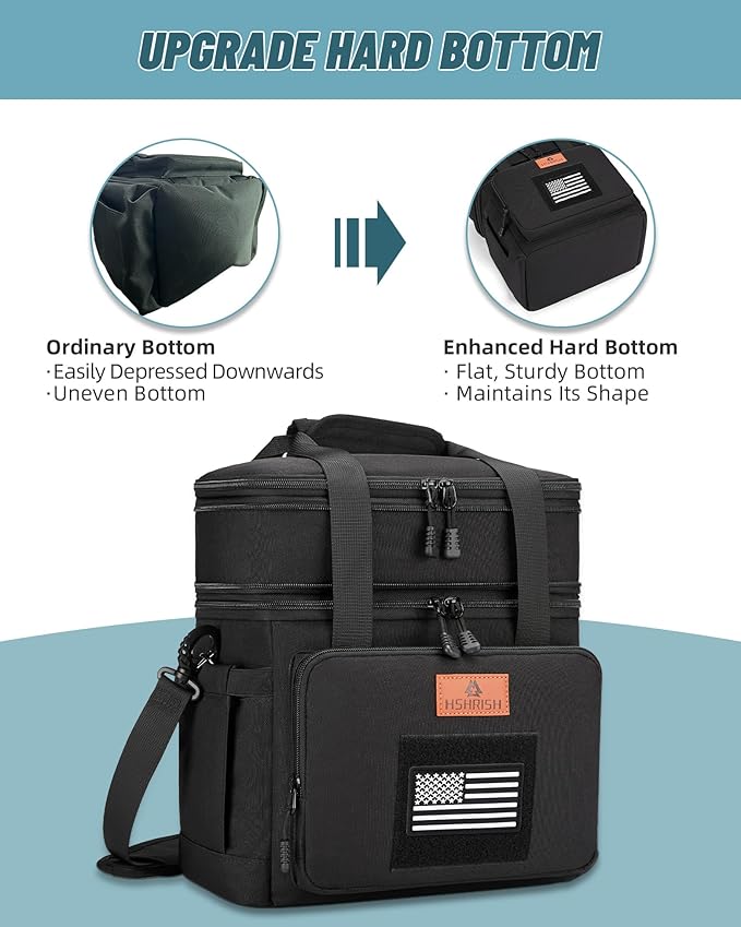 HSHRISH Double Deck Tactical Lunch Box, Large Expandable Insulated Lunch Bag, Durable Waterproof Leakproof Cooler Bag with Flag for Adults/Men/Work Outdoor Trips, 20 Cans/15 L, Black