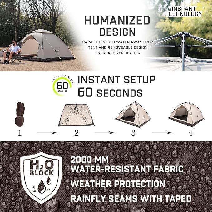 Happy Travel 1/2/3/4 Person Camping Tent, Instant Easy Pop Up Tents for Camping,Automatic Waterproof Family Camping Tent, Easy Set Up Tent,Portable Windproof Dome Tent for Camping Hiking & Traveling